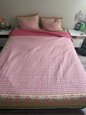 Queen 2 Pillow Shams Quilt Pink Green Orange Three Piece Bed Set